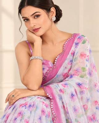 white heavy silk blend printed saree with pape mirror work & mirror border 2