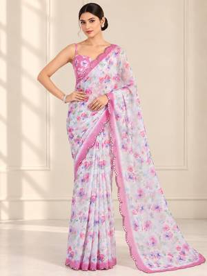 white heavy silk blend printed saree with pape mirror work & mirror border 3