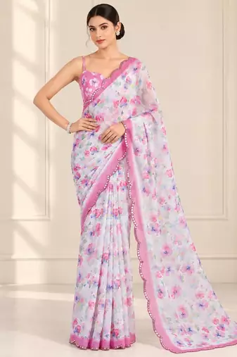 white heavy silk blend printed saree with pape mirror work & mirror border