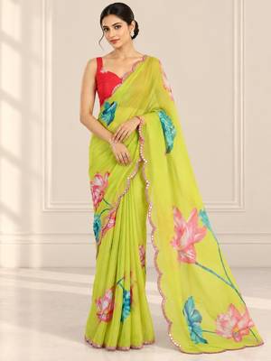 green heavy silk blend printed saree with pape mirror work & mirror border 1