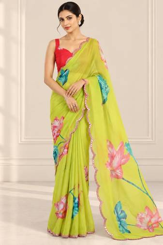 green heavy silk blend printed saree with pape mirror work & mirror border