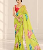 green heavy silk blend printed saree with pape mirror work & mirror border