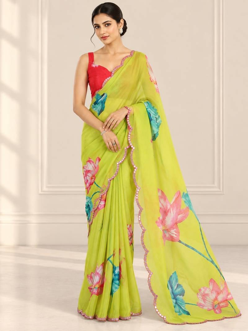 green heavy silk blend printed saree with pape mirror work & mirror border