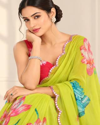 green heavy silk blend printed saree with pape mirror work & mirror border 2