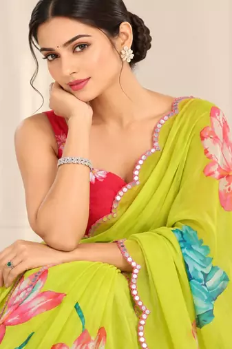 green heavy silk blend printed saree with pape mirror work & mirror border