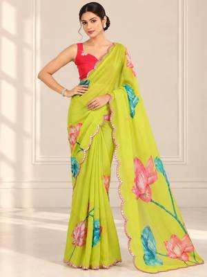 green heavy silk blend printed saree with pape mirror work & mirror border 3