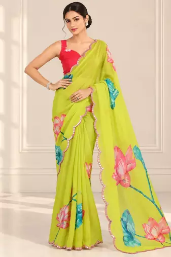 green heavy silk blend printed saree with pape mirror work & mirror border