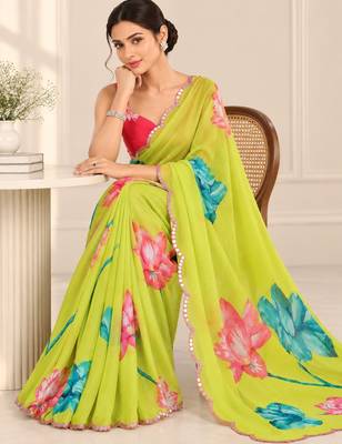 green heavy silk blend printed saree with pape mirror work & mirror border 4
