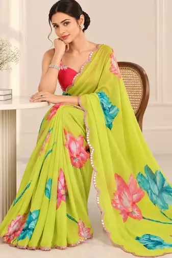 green heavy silk blend printed saree with pape mirror work & mirror border