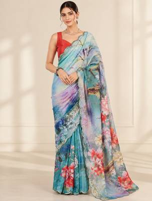 aqua blue heavy silk blend printed saree with pape mirror work & mirror border 1