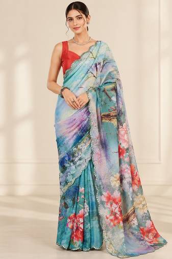 aqua blue heavy silk blend printed saree with pape mirror work & mirror border