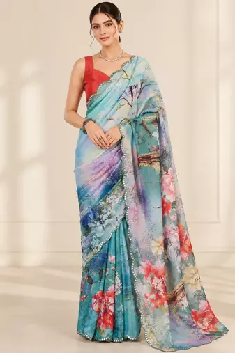 aqua blue heavy silk blend printed saree with pape mirror work & mirror border