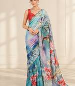 aqua blue heavy silk blend printed saree with pape mirror work & mirror border