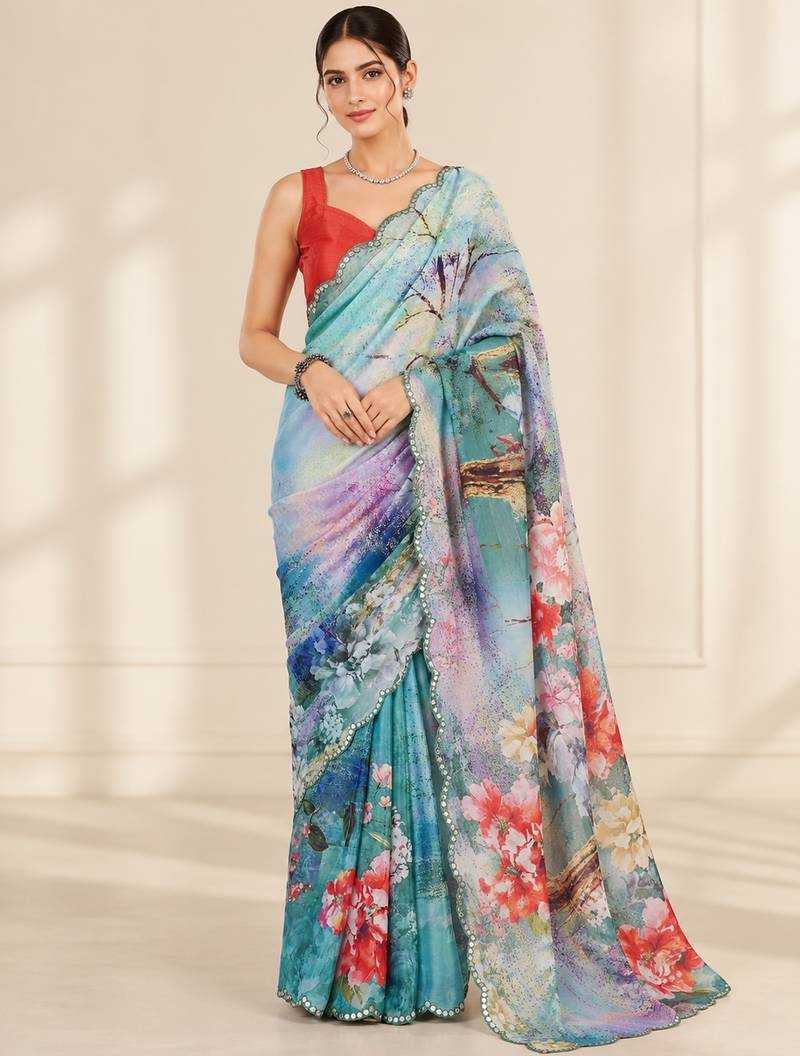 aqua blue heavy silk blend printed saree with pape mirror work & mirror border