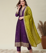 Women wine purple embroidered v-neck a-line kurta pant set with contrast green dupatta