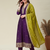 Women wine purple embroidered v-neck a-line kurta pant set with contrast green dupatta