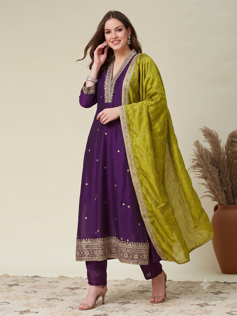 Women wine purple embroidered v-neck a-line kurta pant set with contrast green dupatta