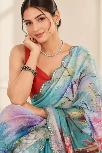 aqua blue heavy silk blend printed saree with pape mirror work & mirror border