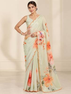 green heavy silk blend printed saree with pape mirror work & mirror border 1