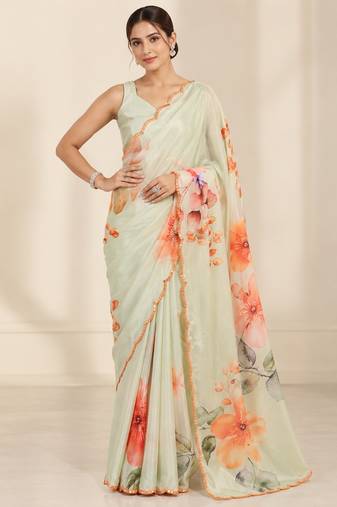 green heavy silk blend printed saree with pape mirror work & mirror border
