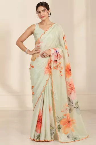 green heavy silk blend printed saree with pape mirror work & mirror border