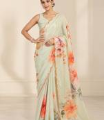 green heavy silk blend printed saree with pape mirror work & mirror border