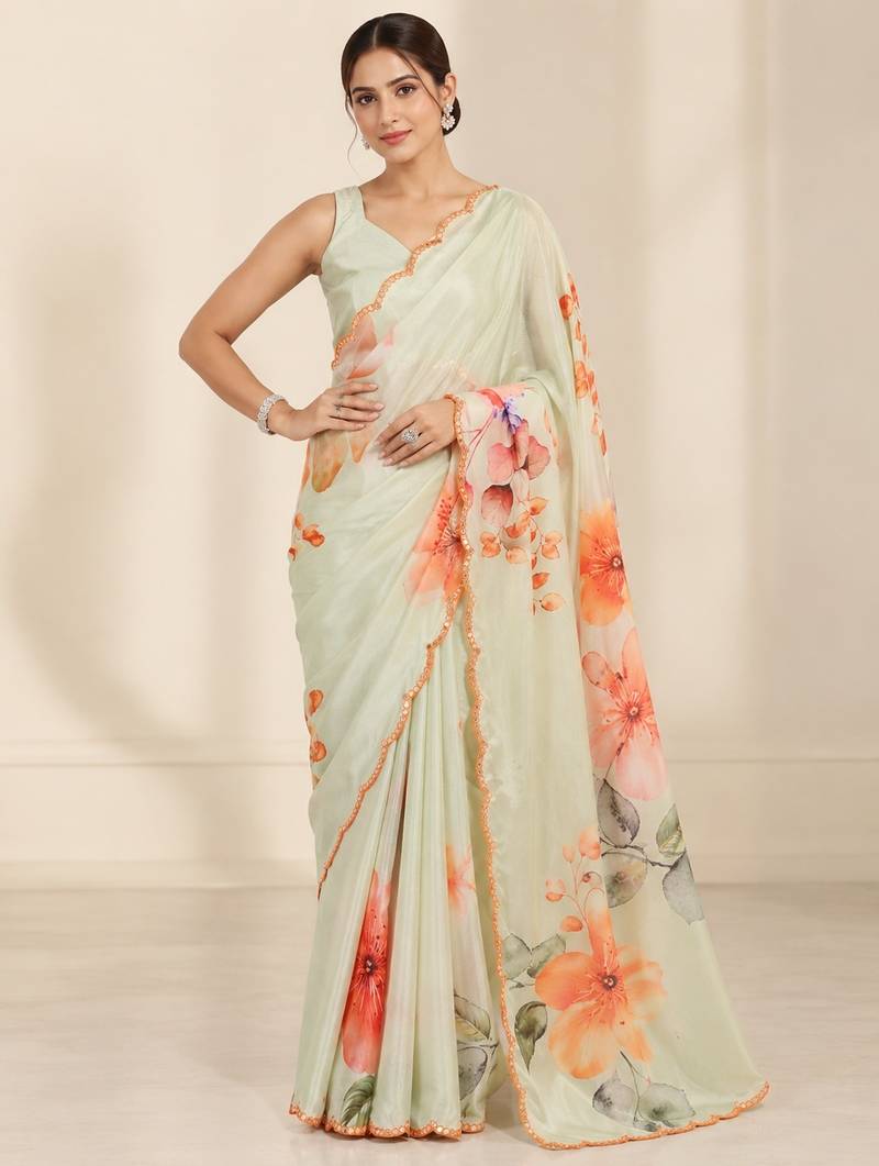 green heavy silk blend printed saree with pape mirror work & mirror border
