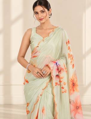 green heavy silk blend printed saree with pape mirror work & mirror border 2