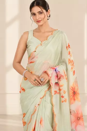 green heavy silk blend printed saree with pape mirror work & mirror border
