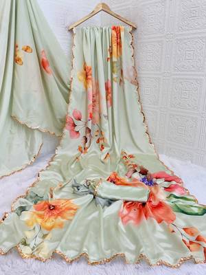 green heavy silk blend printed saree with pape mirror work & mirror border 4