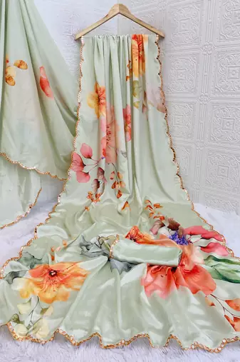 green heavy silk blend printed saree with pape mirror work & mirror border