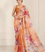peach heavy silk blend printed saree with pape mirror work & mirror border