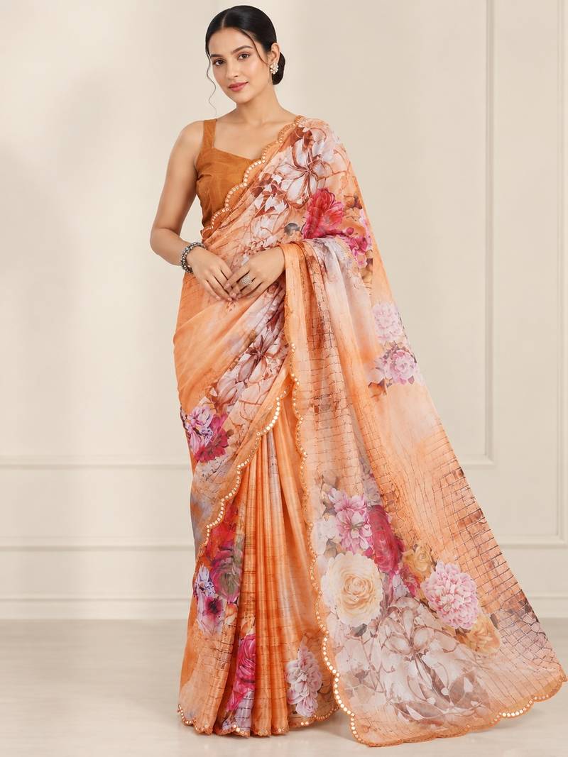 peach heavy silk blend printed saree with pape mirror work & mirror border