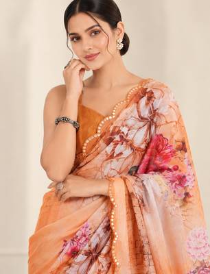 peach heavy silk blend printed saree with pape mirror work & mirror border 2