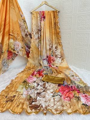 peach heavy silk blend printed saree with pape mirror work & mirror border 4