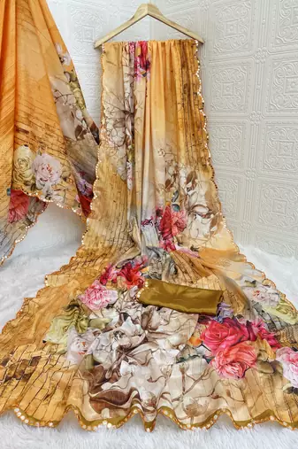 peach heavy silk blend printed saree with pape mirror work & mirror border