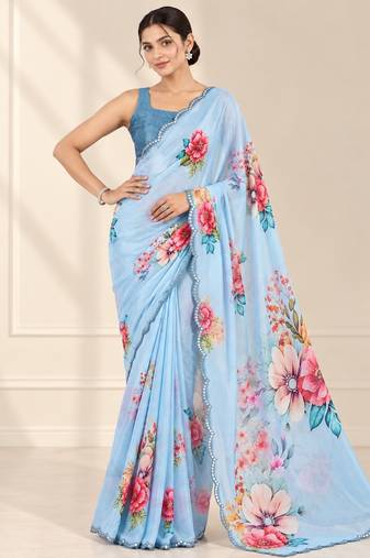 sky blue heavy silk blend printed saree with pape mirror work & mirror border