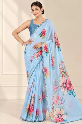 sky blue heavy silk blend printed saree with pape mirror work & mirror border