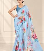 sky blue heavy silk blend printed saree with pape mirror work & mirror border