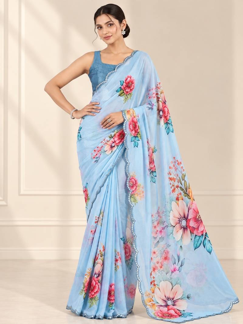 sky blue heavy silk blend printed saree with pape mirror work & mirror border