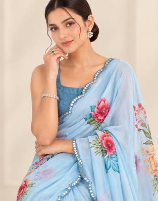 sky blue heavy silk blend printed saree with pape mirror work & mirror border 2