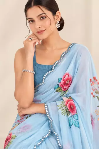 sky blue heavy silk blend printed saree with pape mirror work & mirror border