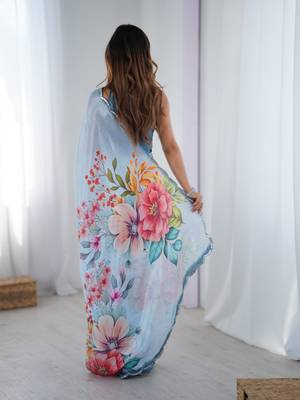 sky blue heavy silk blend printed saree with pape mirror work & mirror border 3
