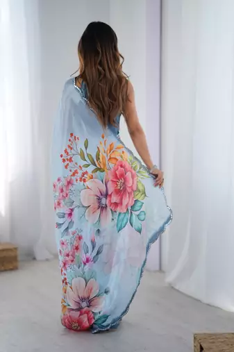sky blue heavy silk blend printed saree with pape mirror work & mirror border