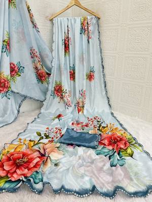 sky blue heavy silk blend printed saree with pape mirror work & mirror border 4