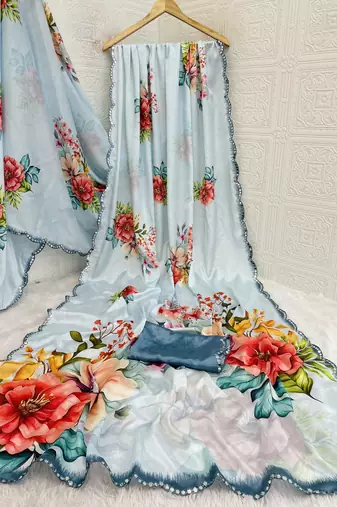 sky blue heavy silk blend printed saree with pape mirror work & mirror border