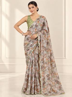 beige heavy silk blend printed saree with pape mirror work & mirror border 1