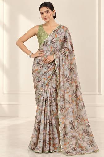 beige heavy silk blend printed saree with pape mirror work & mirror border