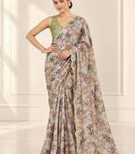 beige heavy silk blend printed saree with pape mirror work & mirror border