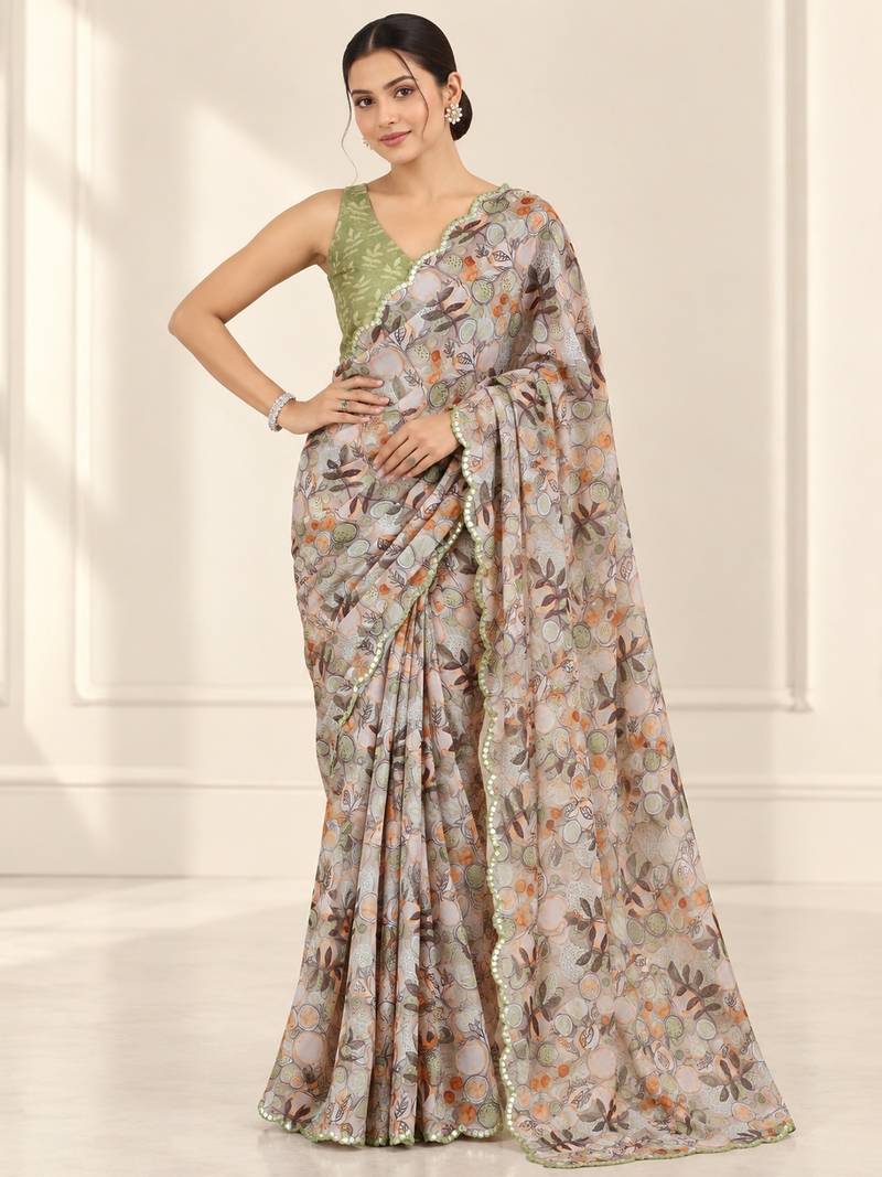 beige heavy silk blend printed saree with pape mirror work & mirror border